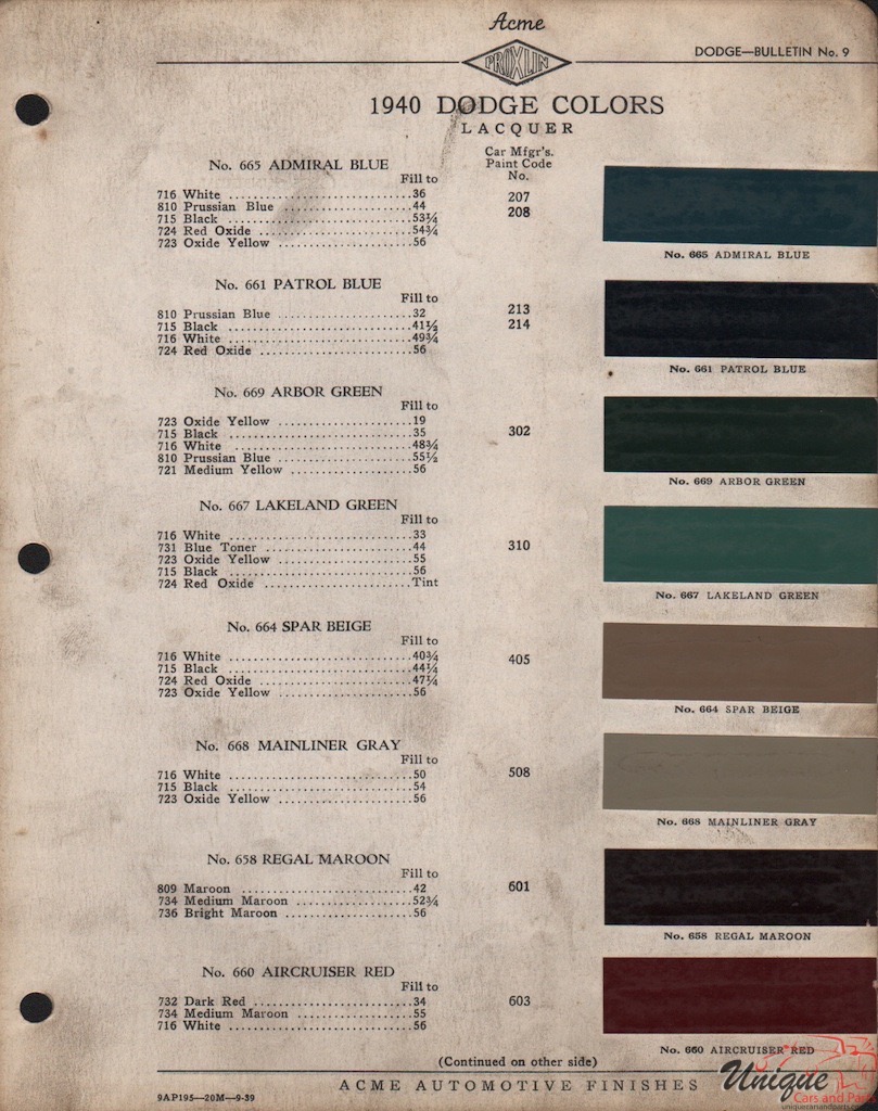 1940 Dodge Paint Charts Acme 2